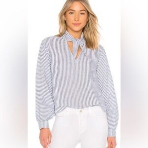 Frame Linen Blue White Striped Tie Neck Blouse XS | Long Sleeve Designer Top